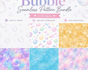 Bubble Seamless Pattern Bundle, Watercolor Digital Paper, Pastel Bubbles, Gold & Blue, 6 Designs