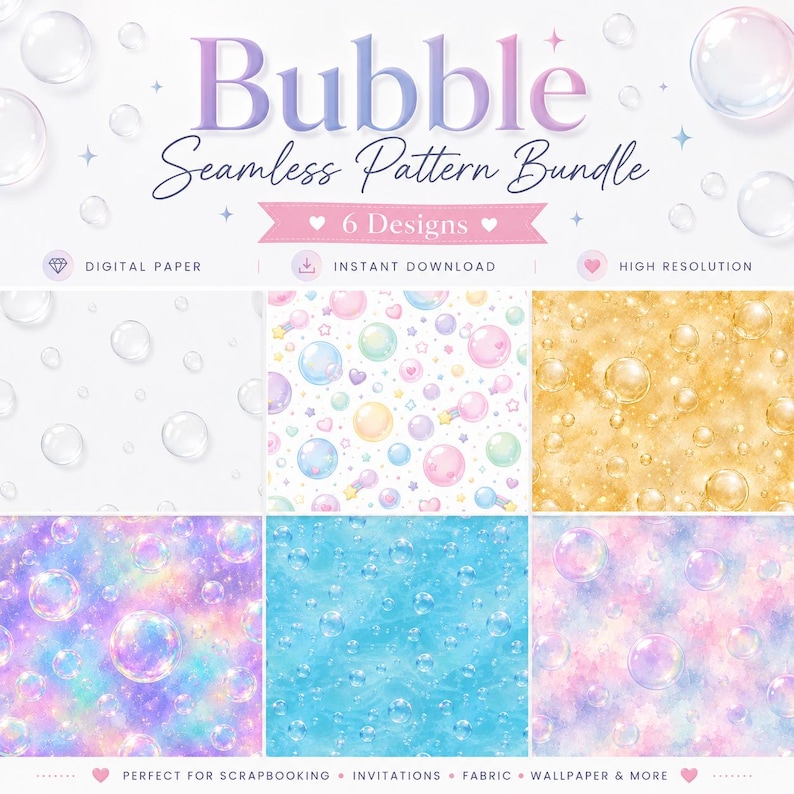 May include: A digital graphic titled Bubble Seamless Pattern Bundle featuring 6 designs. The image displays various bubble patterns including clear, pastel-coloured, gold, and iridescent watercolour backgrounds with floating bubble illustrations.