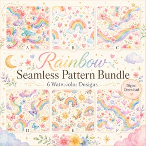 Pode incluir: Um pacote de download digital com seis padrões de aquarela sem costura rotulados de A a F. Os designs incluem arco-íris, nuvens, estrelas, flores, corações, luas, sóis e borboletas em tons pastel com o texto Rainbow Seamless Pattern Bundle.