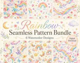 Rainbow Seamless Pattern Bundle, Watercolor Digital Paper, Pastel Floral Rainbow, 6 Designs