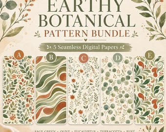 Earthy Botanical Seamless Pattern Bundle, Sage Green Terracotta Digital Paper, Floral Watercolor, 5 Designs