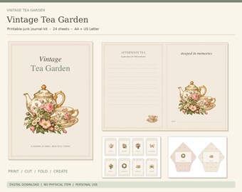 Vintage Tea Garden Junk Journal Kit, 24 Printable Sheets, A4 and US Letter