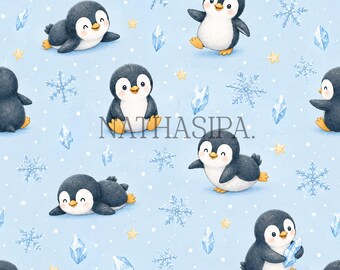 Penguin Watercolor Seamless Pattern | Winter Snowflakes Digital Paper (Digital Download)