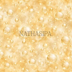 May include: A seamless digital pattern featuring translucent, spherical bubbles of varying sizes scattered across a warm, golden-yellow textured background. The text NATHASIPA. is centred in the middle in a dark, simple, sans-serif font.