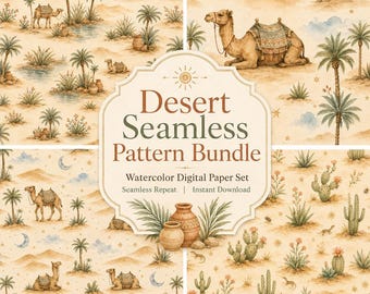 Desert Seamless Pattern Bundle, Camel Oasis Watercolor Digital Paper, Cactus Boho, 4 Designs