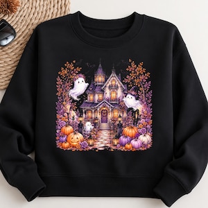 Cute Ghost Haunted House PNG, Floral Halloween Cottage Clipart, Cozy Spooky Autumn Scene, Pumpkin Ghost Sublimation Design, Gothic Fall PNG