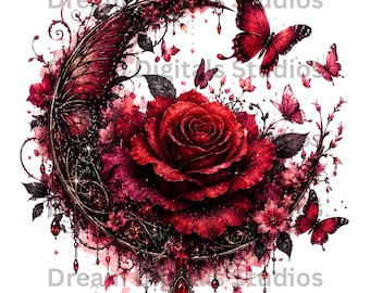 Red Rose Butterfly, Cresent Rose PNG, Crescent Moon Floral Clipart, Butterfly Dark Aesthetic, Red Rose Moon Art, Monstera Albo, Butterfly