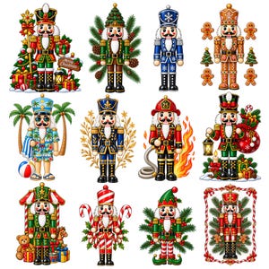 May include: A collection of twelve decorative nutcracker figures featuring various themes including a Christmas tree, gingerbread, tropical beach attire, a firefighter with a hose, and holiday greenery, all rendered in vibrant colours and detailed designs.