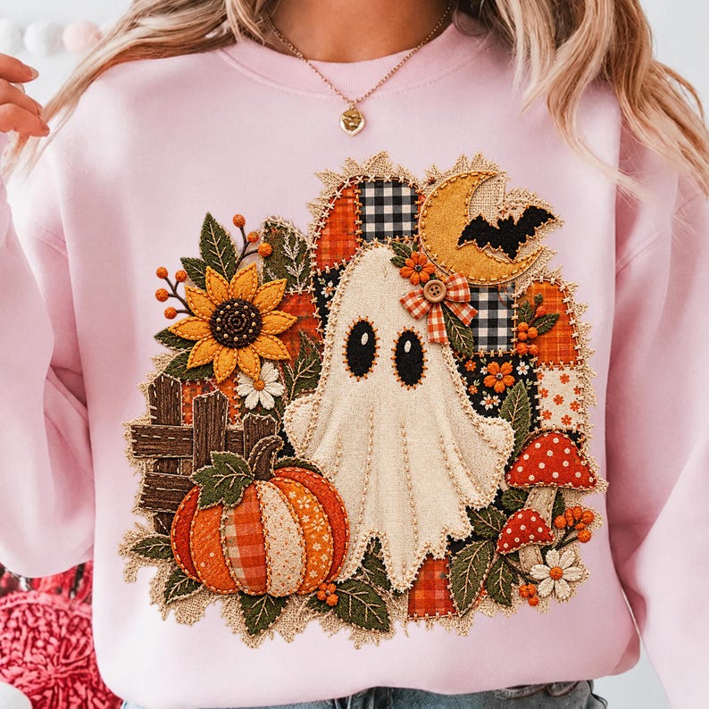 Peut inclure: Un sweat-shirt rose clair orn&eacute; d'un motif central en appliqu&eacute; repr&eacute;sentant un fant&ocirc;me blanc, une citrouille orange vif, un tournesol jaune, des champignons rouges &agrave; pois blancs, un croissant de lune jaune, une chauve-souris noire et des tissus &agrave; carreaux.