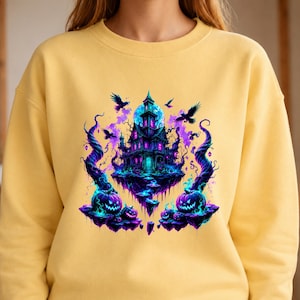 Neon Gothic Castle PNG Halloween Design | Mörk fantasi flytande ö-konstverk | Glödande pumpa-scen | Spöklik sublimering PNG