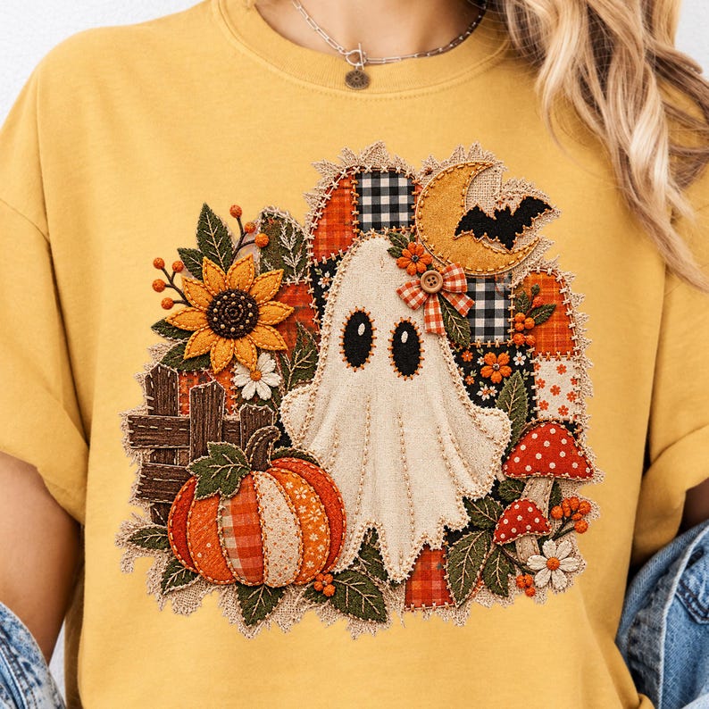 Peut inclure: Un sweat-shirt &agrave; col rond jaune moutarde avec un grand motif central de style broderie. Le design comprend un fant&ocirc;me blanc, une citrouille en patchwork, un tournesol, des champignons rouges, un croissant de lune, une chauve-souris et une cl&ocirc;ture.