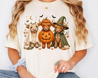 Mignonne vache Highland Halloween PNG, conception en sublimation de vache fantôme citrouille sorcière vache, automne ferme des cliparts, téléchargement numérique, 14 x 14 pouces