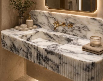 Calacatta Viola Marble Sink, Integrated Backsplash Vanity Basin