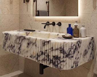 Calacatta Viola Marble Sink, Fluted Wall Mounted Floating Basin