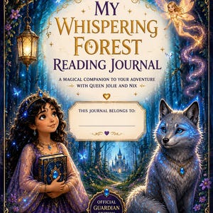 Può includere: Un diario di lettura intitolato My Whispering Forest Reading Journal con una scena boschiva, una persona in abito viola che tiene un libro, un lupo, una fata, una lanterna e il testo A magical companion to your adventure with Queen Jolie and Nix.
