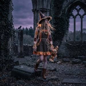Mystical Scarecrow Witch Costume for Women - Fall Harvest Patchwork Dress, Straw Trim Details & Pointed Hat for Halloween Cosplay Convention