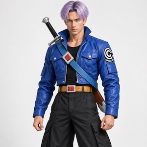 May include: A figure with light purple hair wearing a blue cropped jacket with a Capsule Corp logo, a black shirt, black cargo pants, a brown belt with a red buckle, and tan boots with dark brown toes. A sword with a black handle is strapped to the back.