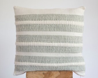 Woven lines pillow cover, Two color block texture: Cream and green handmade in Merino wool Arado by Texturable Decor