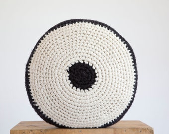 Cosmo Sol Cushion Cover, Crochet Black and Ecru Wool pillow, Sustainable home decor