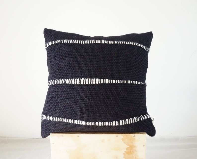 Black Chunky Woven cushion, Minimalist woven pillow case Carbon with Stripes image 2