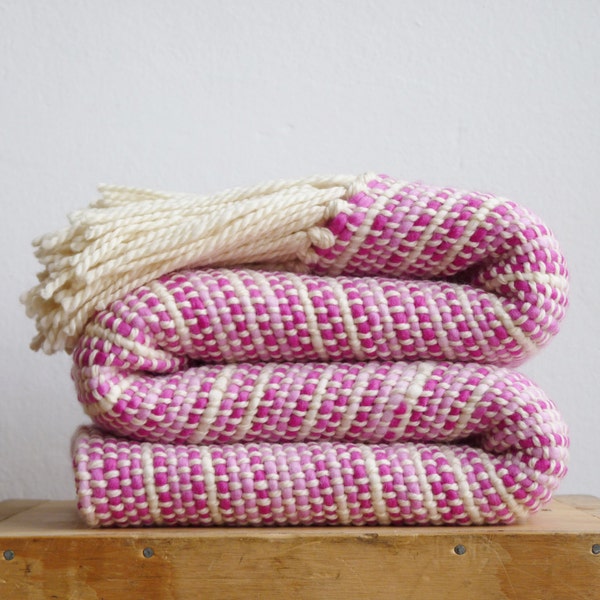 Woven Blanket, Neon Pink handwoven wool wrap, Ombre plaid blanket scarf, merino wool throws by TexturableDecor
