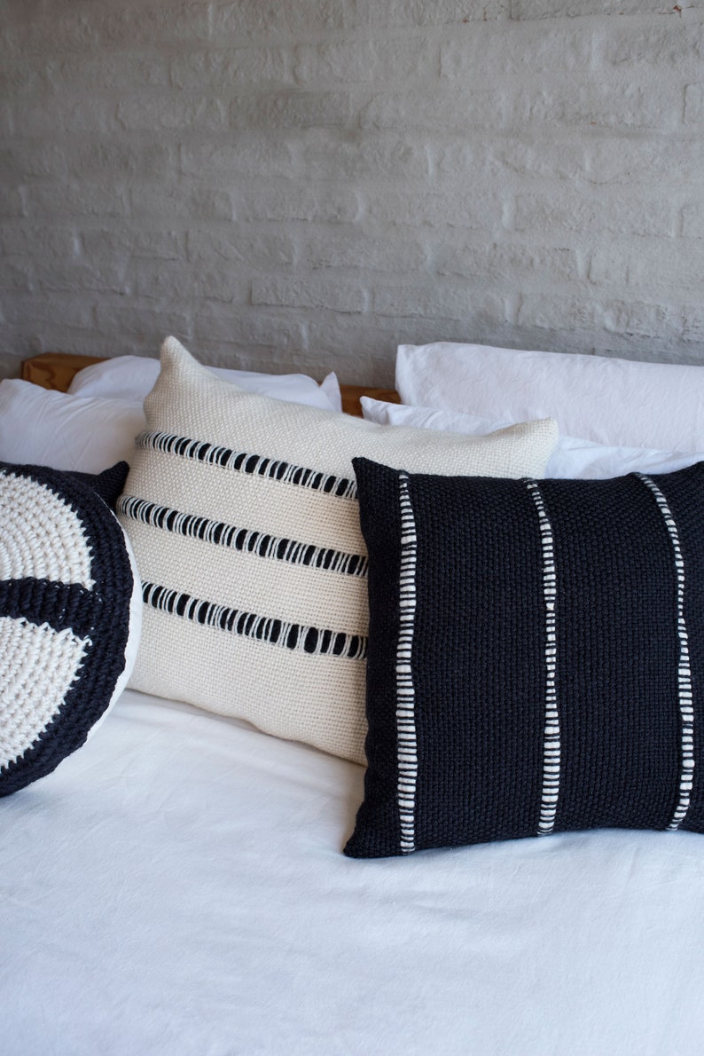 Black Chunky Woven cushion, Minimalist woven pillow case Carbon with Stripes image 3