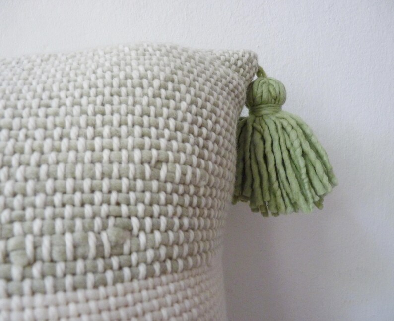 Home Tassel Pillow Cover Green Wool Knit Cushion Cover Pom Etsy