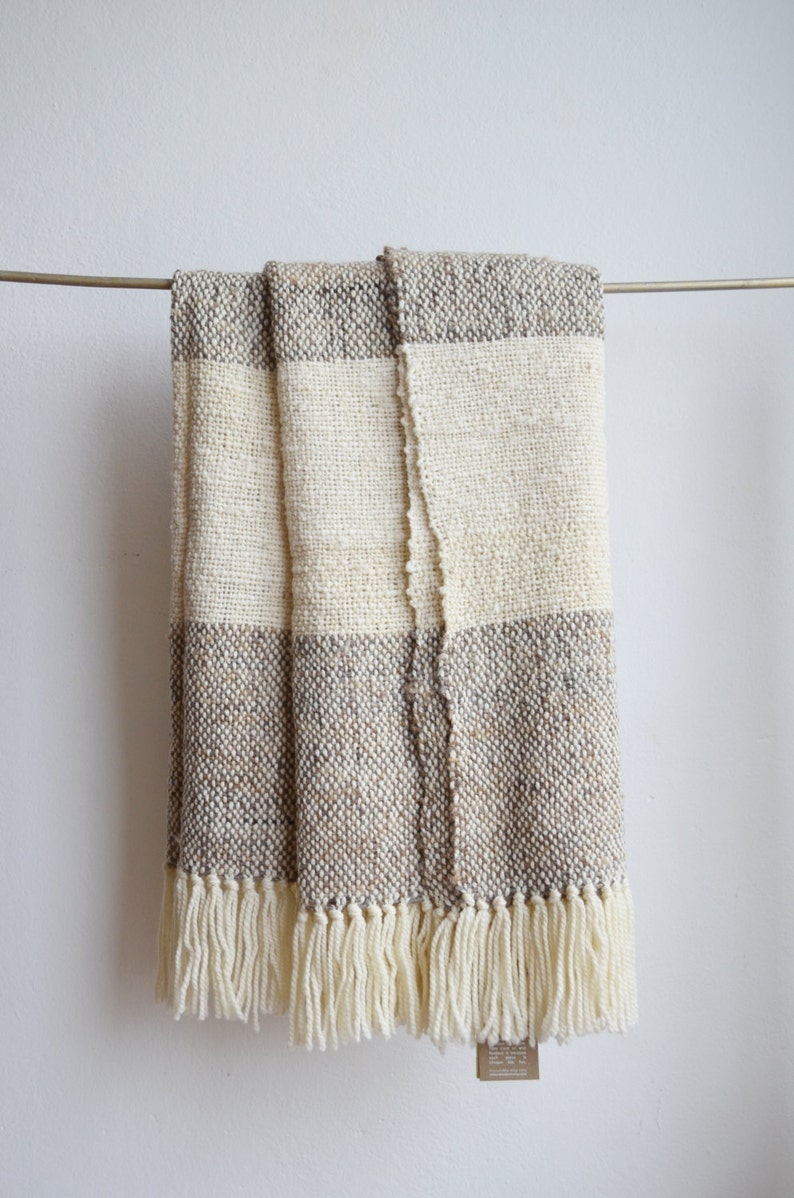 Raw wool striped blanket Grey & Ecru Chunky knit blanket Etsy