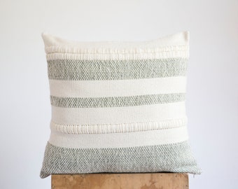 Woven lines pillow cover, Two color block texture: Cream and green handmade in Merino wool Samba by Texturable Decor