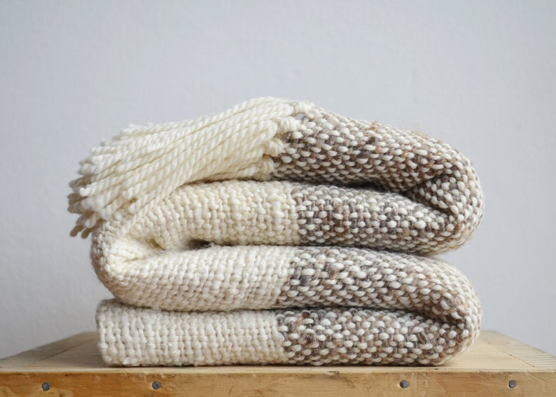 Raw wool striped blanket Grey & Ecru Chunky knit  blanket image 0