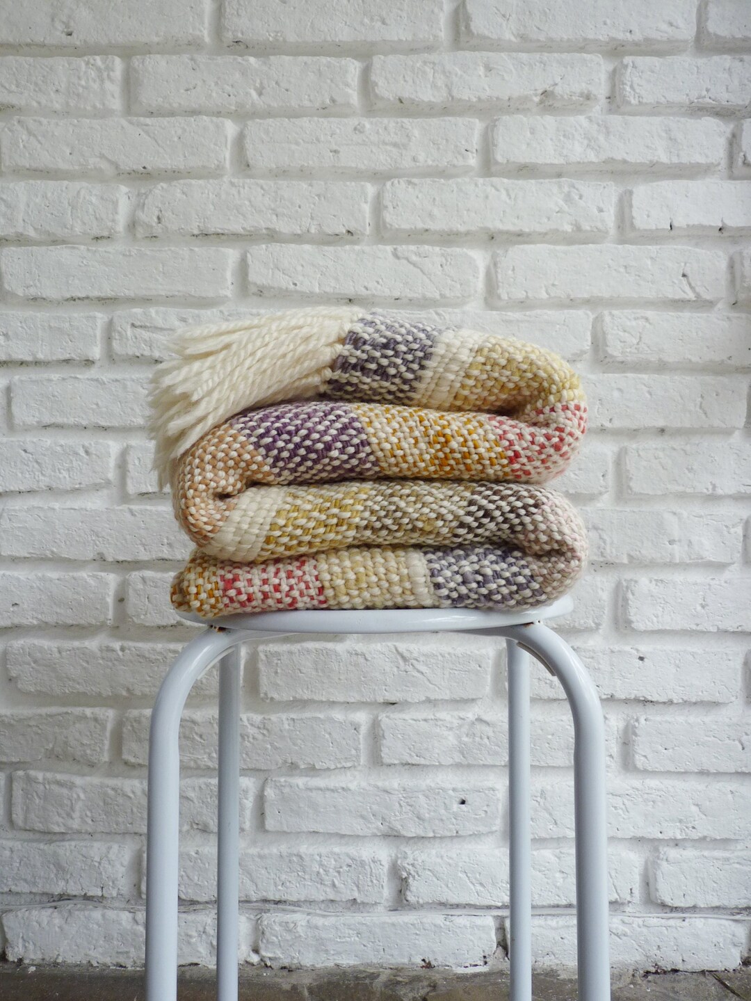 Colorful Striped Throw, Handmade Knit Blanket, Chunky Merino Wool Woven