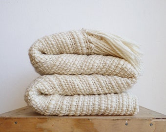 Merino Wool chunky throw Natural Organic Textured, Off White Aroma Blanket hand woven for sustainable home decor