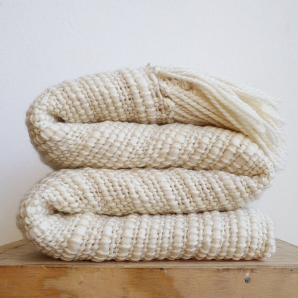 Merino Wool chunky throw Natural Organic Textured, Off White Aroma Blanket hand woven for sustainable home decor