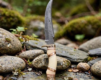 Handmade Damascus Skinning Knife | Custom Hunting Knife | Bone Handle Fixed Blade | Camping & Bushcraft Knife | Gift for Him