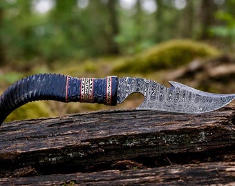 Cuchillo Karambit de Damasco hecho a mano con funda de cuero – Hoja curva personalizada, cuchillo de exterior hecho a mano, regalo de coleccionista