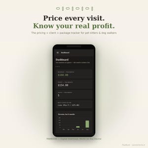 Può includere: Uno smartphone che mostra un'app dashboard a tema scuro con il testo Price every visit. Know your real profit. The pricing + client + package tracker for pet sitters & dog walkers. Lo schermo mostra entrate, profitti, visite e un grafico a barre.