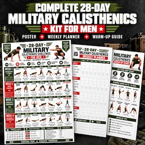 Puede incluir: Un kit de calistenia militar de 28 días que incluye un póster de desafío, un planificador semanal y una guía de calentamiento. Los materiales impresos contienen ilustraciones de ejercicios, horarios diarios y textos instructivos.