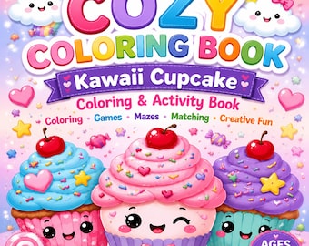 Kawaii Cupcake Coloring Book, 170+ Pages Coloring and Activity Book for Kids, Cute Dessert Coloring Pages, Mazes and Games, Instant Download