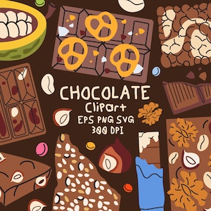 May include: A digital illustration of various chocolate bars, cocoa pods, nuts, and pretzels on a dark brown background. The central text reads "CHOCOLATE Clipart EPS PNG SVG 300 DPI". The graphic features brown, yellow, and blue color elements.