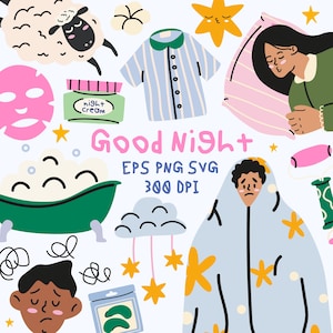 Puede incluir: Un conjunto de ilustraciones digitales que incluye una oveja, una mascarilla facial rosa, un tarro con la etiqueta night cream, una parte superior de pijama a rayas, una persona durmiendo sobre una almohada rosa, una bañera con espuma y estrellas.