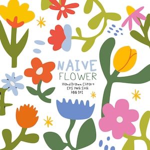 Naive Flower Clipart PNG SVG, Abstract Floral Boho Flower Elements, Whimsical Botanical Clipart, Retro Flower Vector Graphics Pack