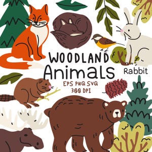 Woodland Animals SVG Clipart, Cute Forest Animals PNG, Hand Drawn Wild Animal Vector, Nursery Decor Bear Fox Rabbit Moose, Commercial Use