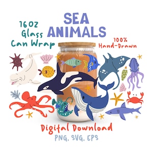 May include: A 16 oz glass can wrap digital download featuring hand-drawn sea animals including an orca, whale, octopus, shark, stingray, squid, crab, and various fish. The text reads SEA ANIMALS, 16 OZ Glass Can Wrap, 100% Hand-Drawn, Digital Download, PNG, SVG, EPS.
