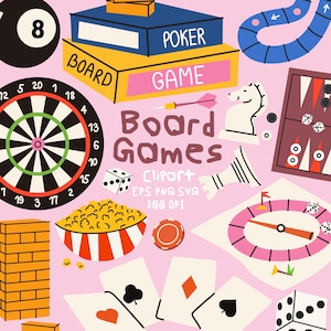 May include: A digital illustration featuring various game elements on a light pink background, including a dartboard, an 8-ball, playing cards, dice, a backgammon board, a bowl of popcorn, and text that reads Board Games Clipart EPS PNG SVG 300 DPI.
