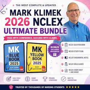 May include: A digital educational bundle titled Mark Klimek 2026 NCLEX Ultimate Bundle featuring a portrait of Mark Klimek, a blue book, a yellow book, and a list of bonus resources including a question bank, study plan, notes, and drug guides.