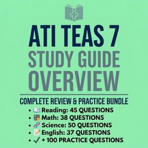 Può includere: Una guida allo studio verde chiaro per l'esame ATI TEAS 7. Il testo recita: ATI TEAS 7 STUDY GUIDE OVERVIEW, COMPLETE REVIEW & PRACTICE BUNDLE, Reading: 45 QUESTIONS, Math: 38 QUESTIONS, Science: 50 QUESTIONS, English: 37 QUESTIONS, + 100 PRACTICE QUESTIONS.
