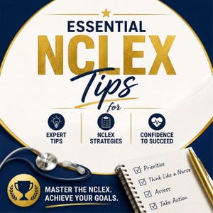 Può includere: Un grafico circolare intitolato ESSENTIAL NCLEX TIPS con scritte dorate. Include icone per consigli di esperti, strategie e fiducia. Sono visibili uno stetoscopio, un'icona a forma di trofeo dorato e un taccuino a spirale con una lista di controllo che include Prioritize, Think Like a Nurse, Assess e Take Action.