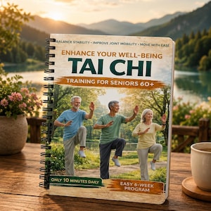May include: A spiral-bound book titled ENHANCE YOUR WELL-BEING TAI CHI TRAINING FOR SENIORS 60+ featuring three people practicing Tai Chi outdoors. The cover includes the text BALANCE STABILITY, IMPROVE JOINT MOBILITY, MOVE WITH EASE, ONLY 10 MINUTES DAILY, and EASY 6-WEEK PROGRAM.