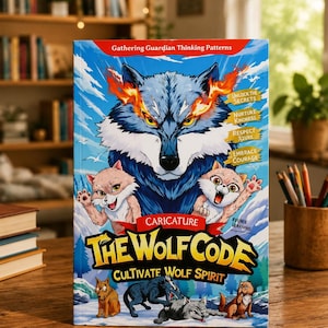 May include: A book titled The Wolf Code with a blue cover featuring a large wolf head with fiery eyes, two small wolf cubs, and smaller wolves below. Text includes Gathering Guardian Thinking Patterns, Unlock the Secrets, Nurture Kindness, Respect Nature, Embrace Courage, Caricature, Ffun & Learning, and Cultivate Wolf Spirit.