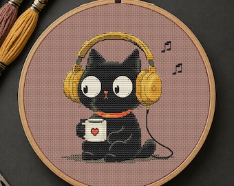 Patrón de punto de cruz de gato negro, gato con auriculares, bordado moderno (descarga digital)
